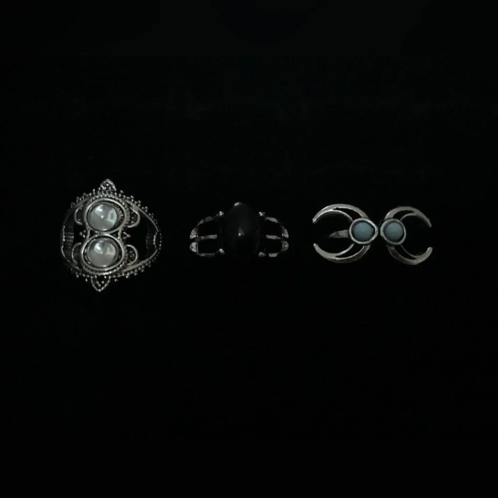 New x3 Silver Tone Rings Crystal Black Stone Trendy Fashion Ring Set  Size 7 / 8